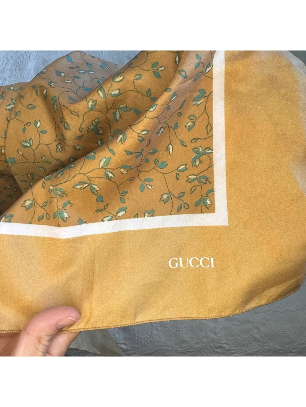Vintage Gucci Scarf 26x26 Made In Italy Brown Teal Floral Designer Scarf